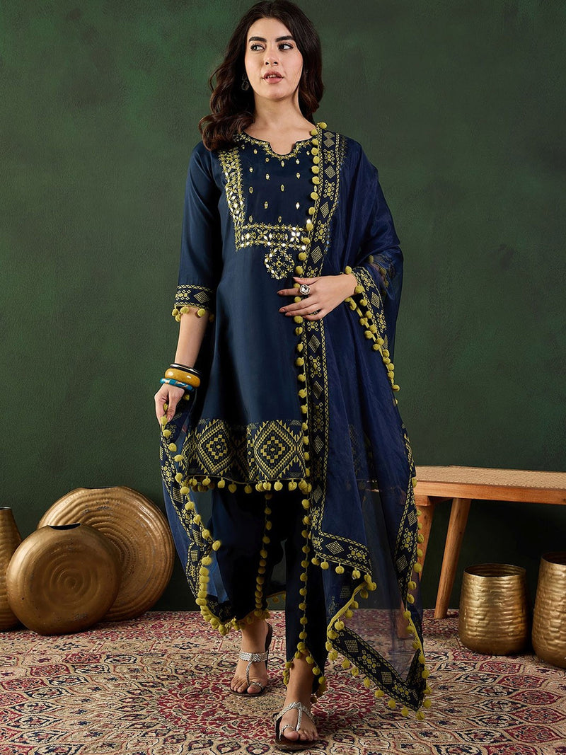 Navy Blue Notch-Neck Mirror Work Chanderi Silk Kurta With Dhoti Pant And Dupatta