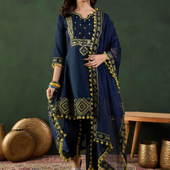 Navy Blue Notch-Neck Mirror Work Chanderi Silk Kurta With Dhoti Pant And Dupatta