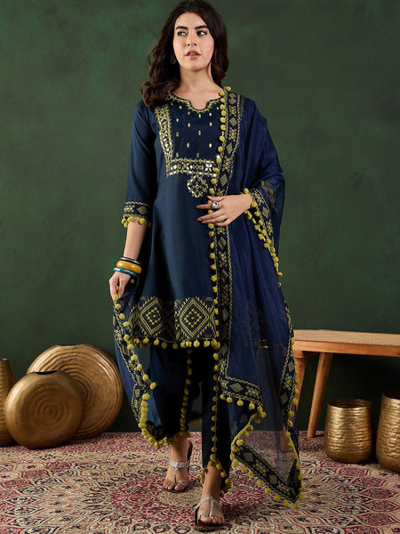 Navy Blue Notch-Neck Mirror Work Chanderi Silk Kurta With Dhoti Pant And Dupatta