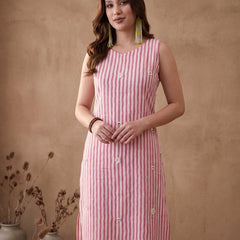 Pink Striped Print Pure Cotton Shoulder Straps Kurta & Trousers