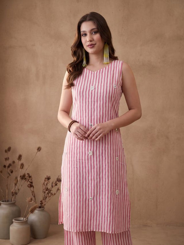 Pink Striped Print Pure Cotton Shoulder Straps Kurta & Trousers
