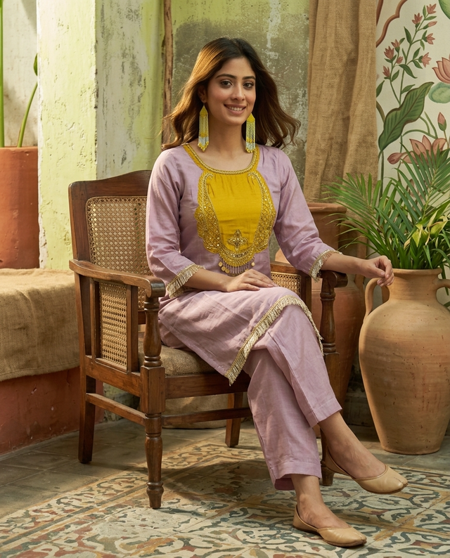 Floral Embroidered & Mirror Work Tunic With & Trouser