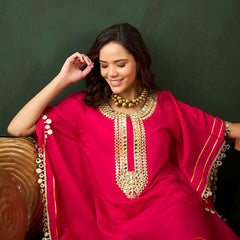 Fuchsia Geometric Embroidered Round Neck Mirror Work Kaftan With Trousers