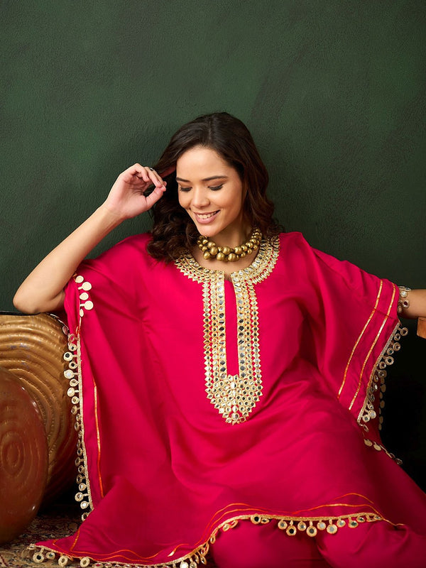 Fuchsia Geometric Embroidered Round Neck Mirror Work Kaftan With Trousers