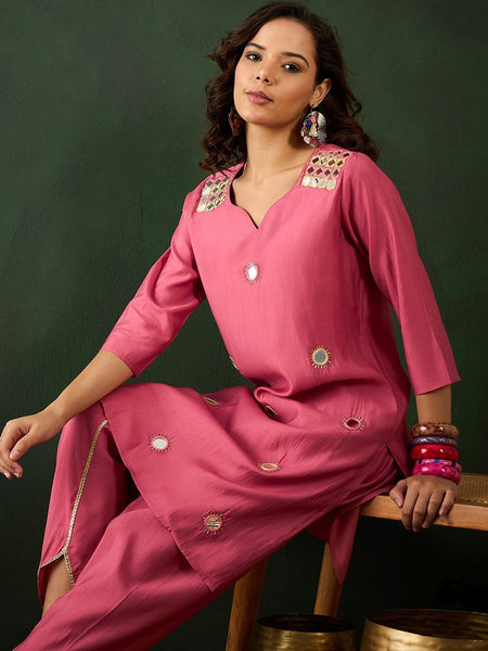 Floral Embroidered Mirror Work Straight Kurta With Dhoti Pant