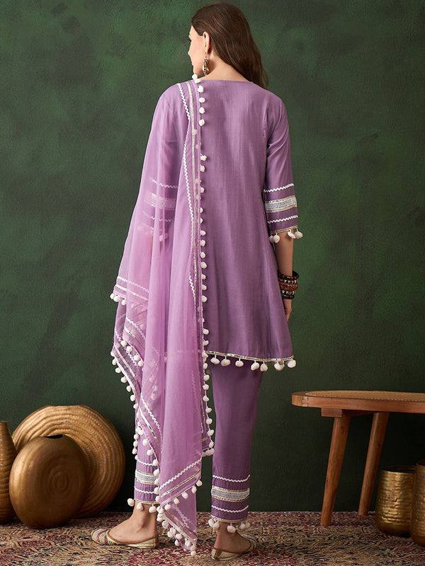Purple Floral Embroidered Mirror Work A-Line Kurta With Trousers & Dupatta