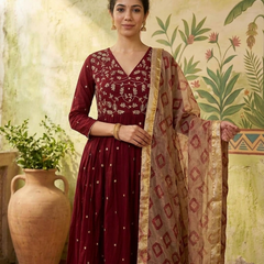 Floral Embroidered Thread Work Anarkali Kurta With Trousers & Dupatta