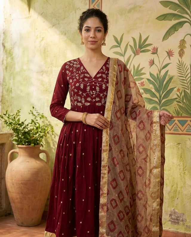 Floral Embroidered Thread Work Anarkali Kurta With Trousers & Dupatta