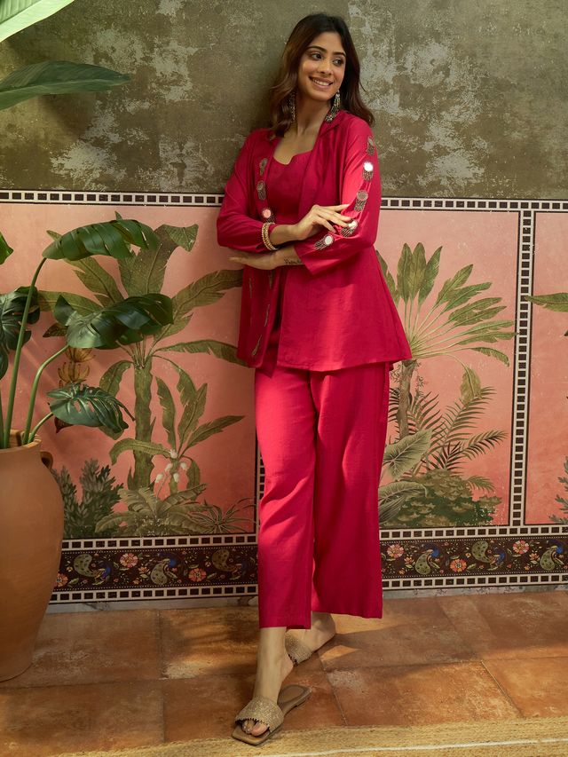 Fuchsia Embroidered Top With Jacket & Trouser Co-Ords
