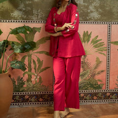 Fuchsia Embroidered Top With Jacket & Trouser Co-Ords