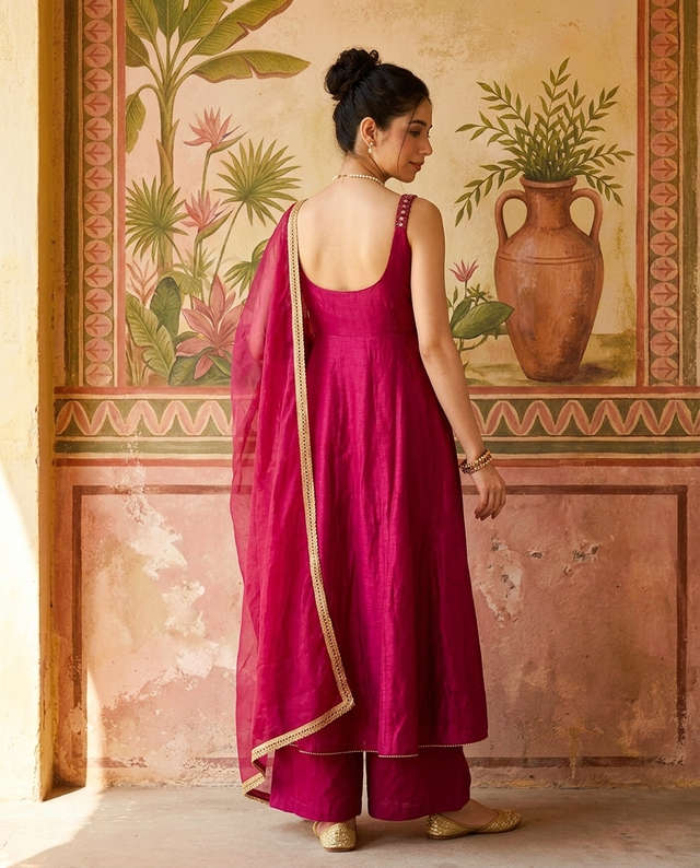 Maroon Mirror Work Sholder Strap Kurta With Trouser & Dupatta