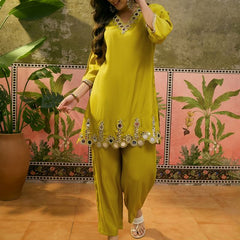 Purple Embroidered & Mirror Work Straight Tunic  With Trousers Co-Ords Set