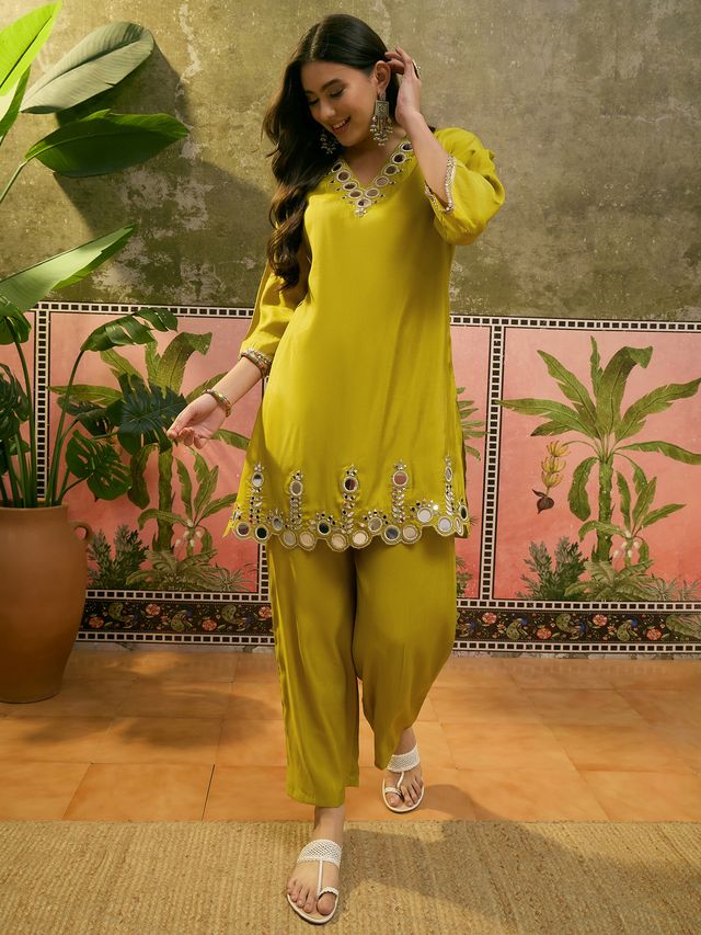Mustard Embroidered & Mirror Work Straight Tunic  With Trousers Co-Ords Set