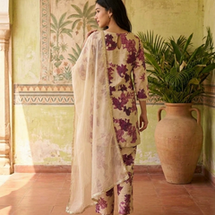 Floral Print & Embroidered  Straight Kurta With Trousers & Dupatta