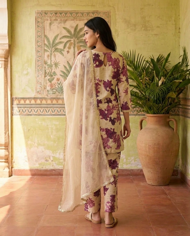 Floral Print & Embroidered  Straight Kurta With Trousers & Dupatta