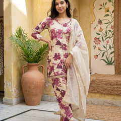 Floral Print & Embroidered  Straight Kurta With Trousers & Dupatta