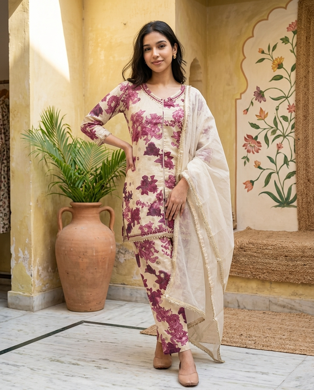 Floral Print & Embroidered  Straight Kurta With Trousers & Dupatta