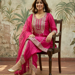 Purple Floral Embroidered & Sequinned A-Line Kurta With Dhoti Pant & Dupatta Kurta Set