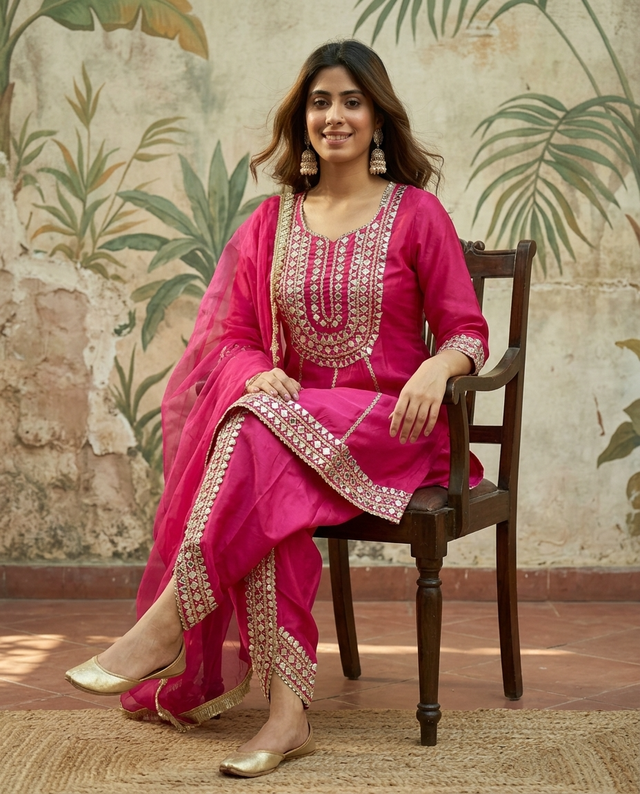 Purple Floral Embroidered & Sequinned A-Line Kurta With Dhoti Pant & Dupatta Kurta Set