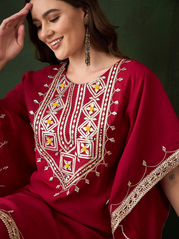 Floral Embroidered & Mirror Work Kaftan Kurta With Trousers