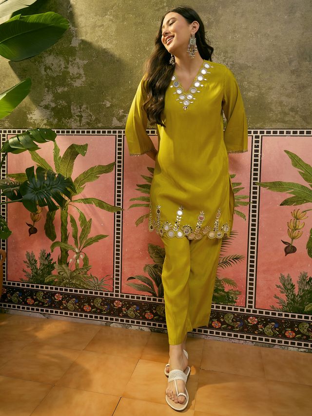 Purple Embroidered & Mirror Work Straight Tunic  With Trousers Co-Ords Set
