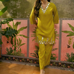 Purple Embroidered & Mirror Work Straight Tunic  With Trousers Co-Ords Set