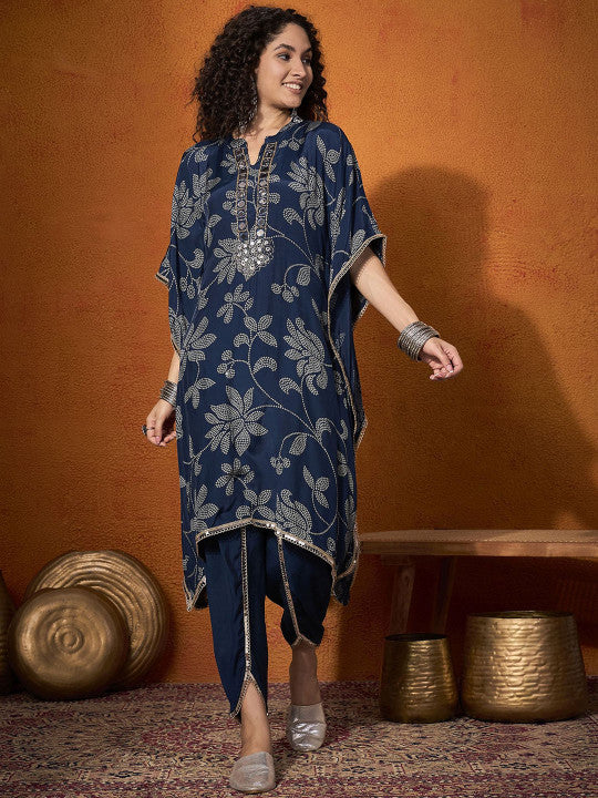 Floral Embroidered Regular Mirror Work Kaftan Kurta with Dhoti Pants