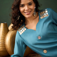 Black Floral Embroidered Mirror Work Straight Kurta With Dhoti Pants