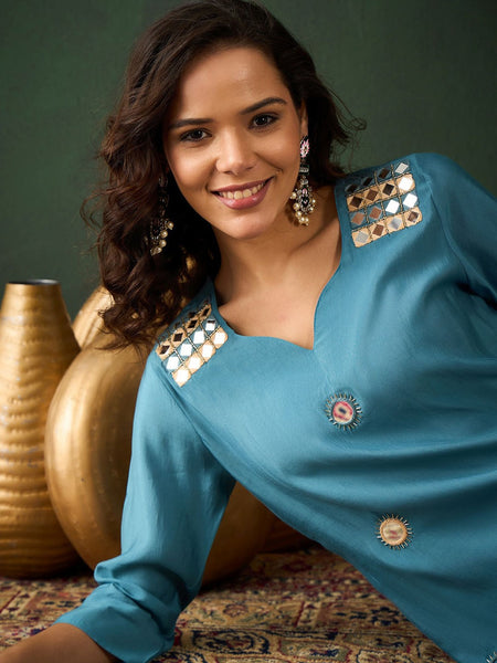 Black Floral Embroidered Mirror Work Straight Kurta With Dhoti Pants