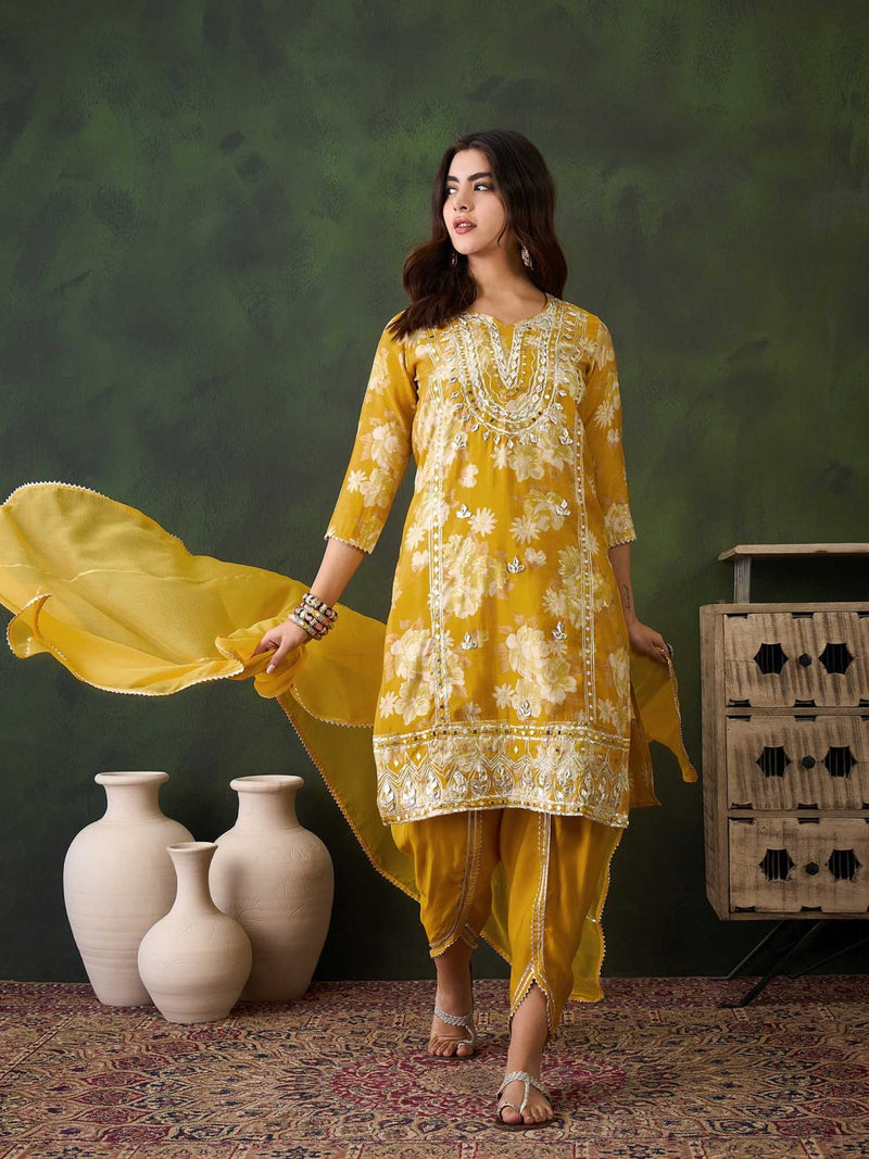 Floral Embroidered Round Neck Kurta With Dhoti Pants And Dupatta