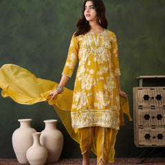 Floral Embroidered Round Neck Kurta With Dhoti Pants And Dupatta
