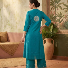 Floral Embroidered Thread Work A-Line Kurta With Trousers