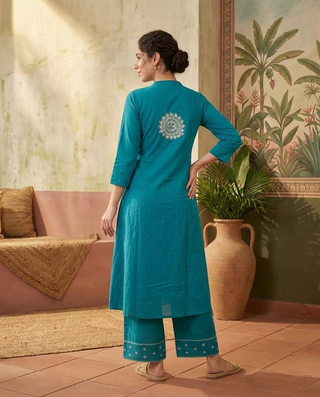 Floral Embroidered Thread Work A-Line Kurta With Trousers
