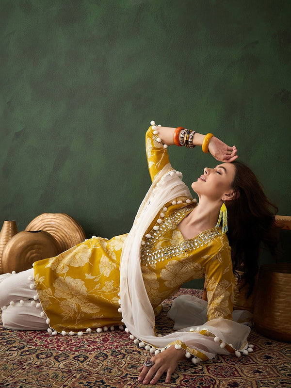 Floral Printed Mirror Work Pure Cotton Kurta With Dhoti Pant & Dupatta