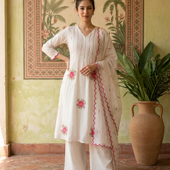 Floral Print & Embroidered Straight Kurta With Trousers & Dupatta