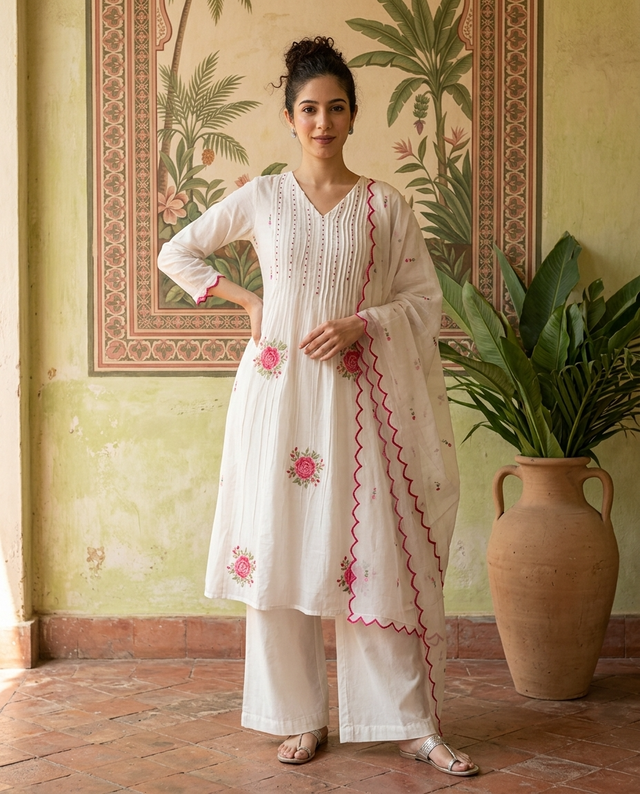 Floral Print & Embroidered Straight Kurta With Trousers & Dupatta