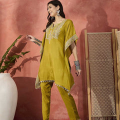 Green Embroidered Gotta Patti Notch Neck Pure Silk  Kaftan Tunic With Trousers