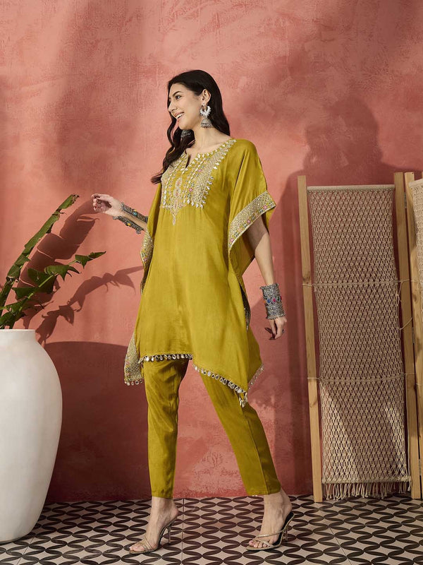 Green Embroidered Gotta Patti Notch Neck Pure Silk  Kaftan Tunic With Trousers