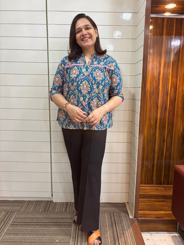 Ethnic Motifs Print Mandarin Collar Roll Up Sleeves Lace Up Regular Top