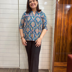 Ethnic Motifs Print Mandarin Collar Roll Up Sleeves Lace Up Regular Top
