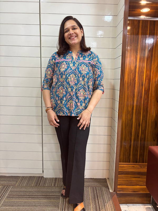 Ethnic Motifs Print Mandarin Collar Roll Up Sleeves Lace Up Regular Top