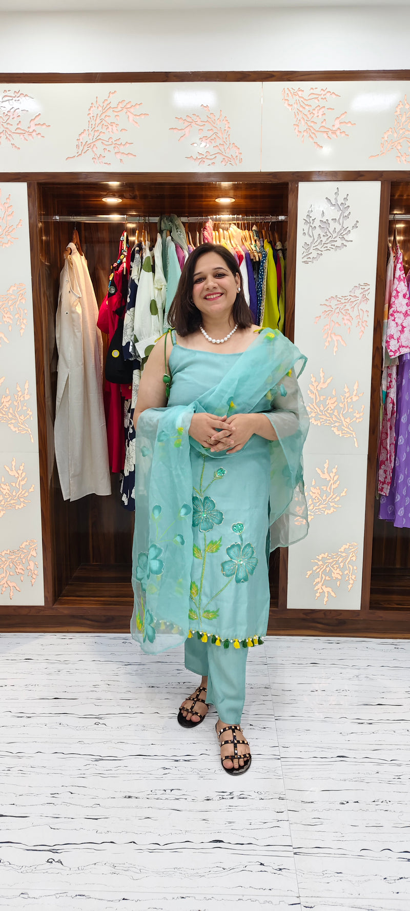 Sea Green Floral Embroidered Strappy Kurta Set with Dupatta