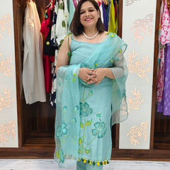 Sea Green Floral Embroidered Strappy Kurta Set with Dupatta