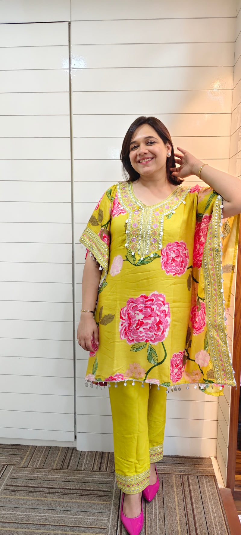 Mustard Floral Printed Kaftan Kurta Set with Mirror Work
