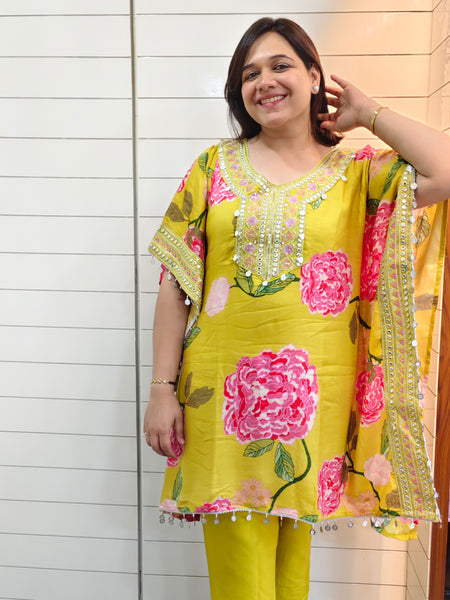 Mustard Floral Printed Kaftan Kurta Set with Mirror Work