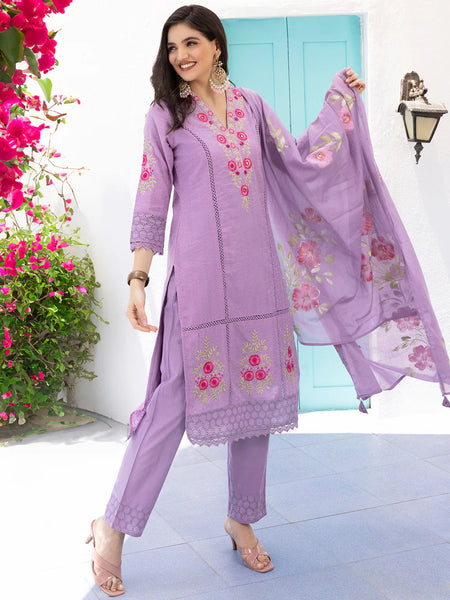 Pure Cotton Floral Embroidered Kurta with Trouser & Dupatta Kurta Set