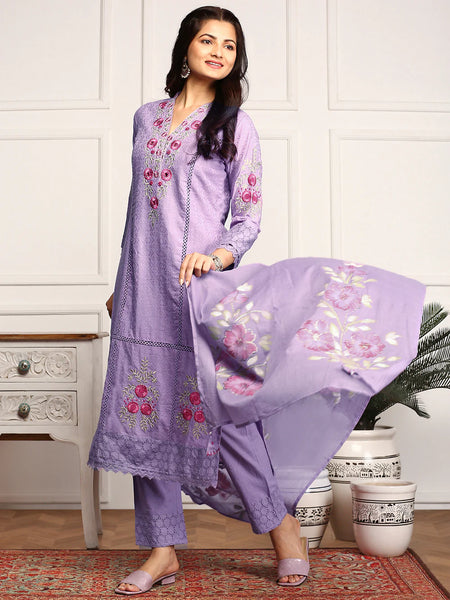 Pure Cotton Floral Embroidered Kurta with Trouser & Dupatta Kurta Set