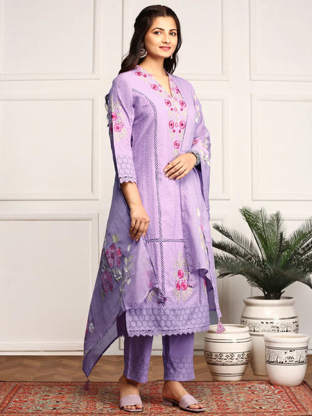 Pure Cotton Floral Embroidered Kurta with Trouser & Dupatta Kurta Set