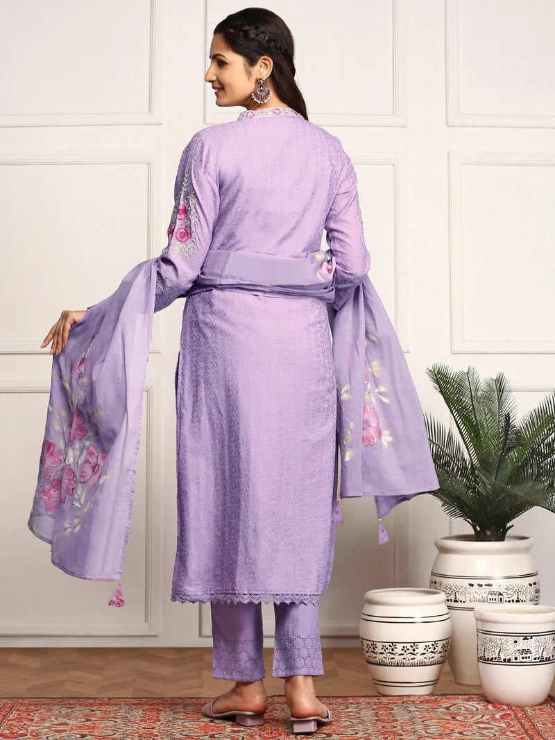 Pure Cotton Floral Embroidered Kurta with Trouser & Dupatta Kurta Set