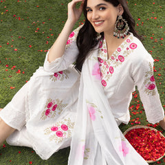 Pure Cotton Floral Embroidered Kurta with Trouser & Dupatta Kurta Set